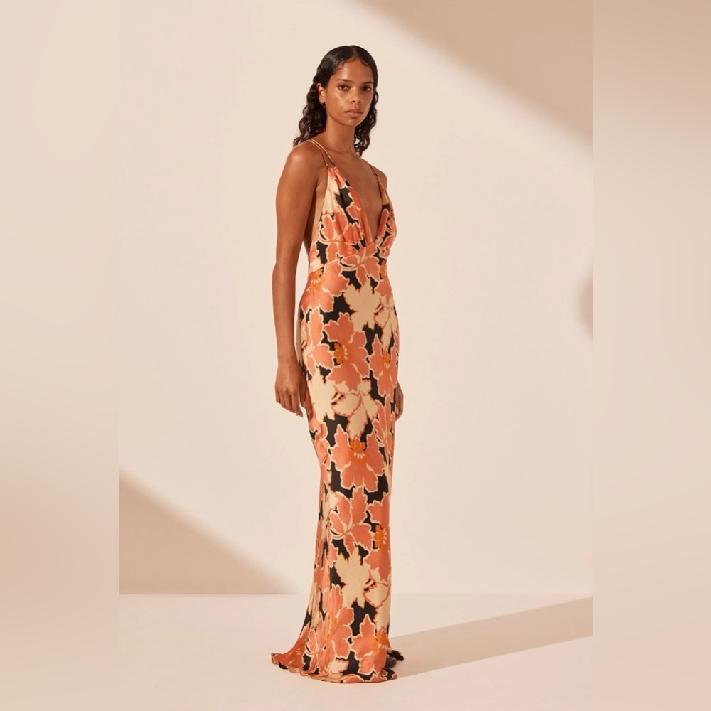 Shona Joy Rosa Silk Plunged Double Strap Maxi Dress - Coral/Multi Color Size 2